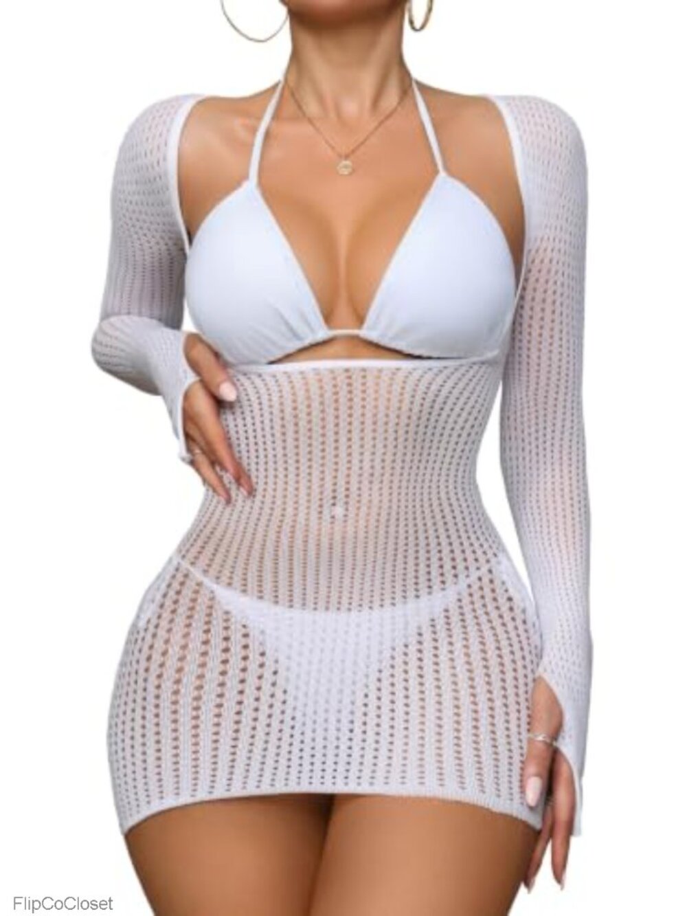 Women Fishnet Cover Up Beach Swimsuit Dress High Stretch V-Neck